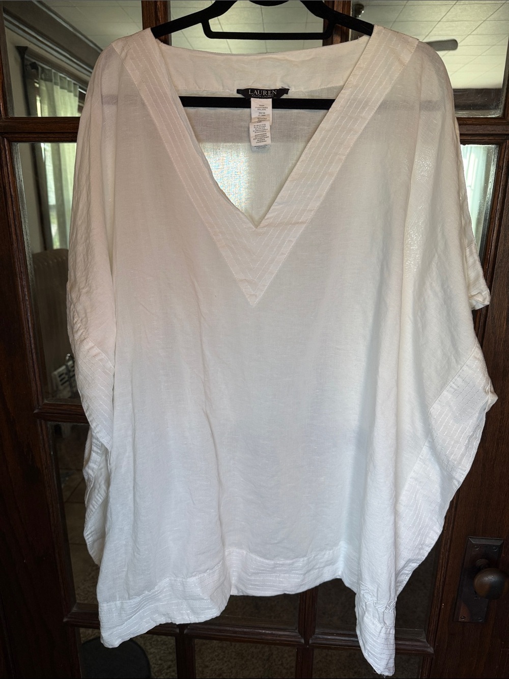 Lauren Ralph Lauren White Linen Blend V-Neck Kaftan Tunic Top S/M